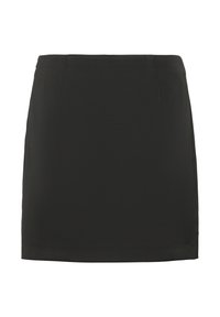 Mini-jupe noire en tissu lisse ; présente une coupe droite, des détails de coutures subtils et un ourlet fini. Sans poches ni embellissements.