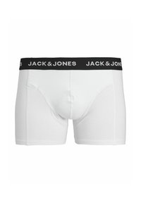 Weiße Boxer-Shorts mit einem schwarzen elastischen Taillenbund, auf dem der Markenname "JACK&JONES" in weißen Buchstaben aufgedruckt ist. Glattes Material aus Baumwollmischung.