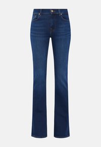 Tummansiniset denim-farkut suoran lahkeiden muotoilulla, viisi taskua, edessä nappikiinnitys ja hienovarainen kontrastivärinen ompelu.