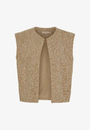 Beige fuzzy ærmeløs åben-front vest med rund halsudskæring og blødt tekstureret stof, mærket Marta, størrelse S/M.