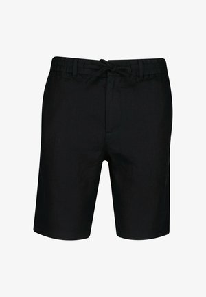 Czarne, luźne szorty z elastycznym pasem i sznurkiem, sięgające do kolan, o prostym kroju, bez widocznych kieszeni i wzorów.