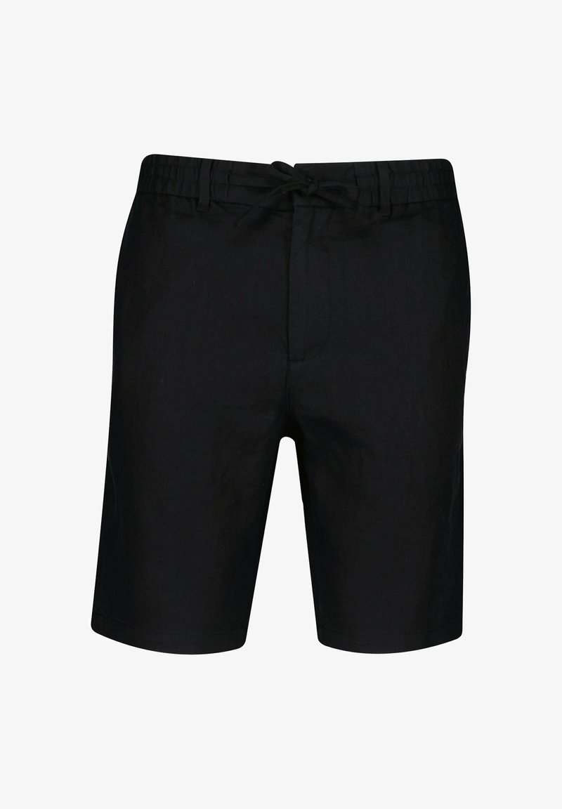 Czarne, luźne szorty z elastycznym pasem i sznurkiem, sięgające do kolan, o prostym kroju, bez widocznych kieszeni i wzorów.