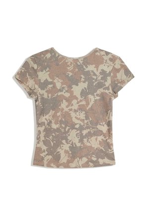 T-shirt à manches courtes en beige avec un motif de feuilles en camouflage discret. Tissu doux avec un col rond et une coupe décontractée.