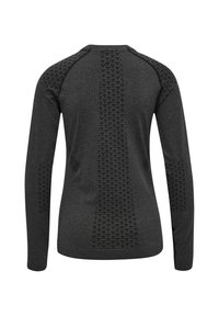 Ciemnoszary sportowy top z długim rękawem z teksturowanymi wzorami wentylacyjnymi na plecach, ramionach i rękawach, pokazany od tyłu.