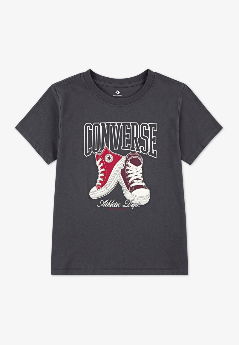 Gray cotton t-shirt featuring a graphic of two Converse sneakers in red and burgundy, with "CONVERSE" and "Athletic Dept." text in white.