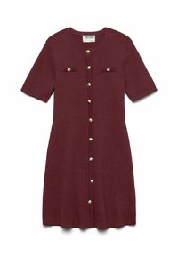 Abito a maglia bordeaux con maniche corte, scollo rotondo e chiusura a bottoni, dotato di bottoni in tonalità dorata e piccole tasche sul petto.