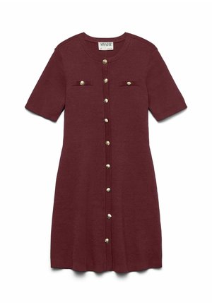 Knit burgundy dress with short sleeves, round neckline, and a button-down front featuring gold-tone buttons and small chest pockets.