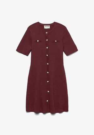 Knit burgundy dress with short sleeves, round neckline, and a button-down front featuring gold-tone buttons and small chest pockets.