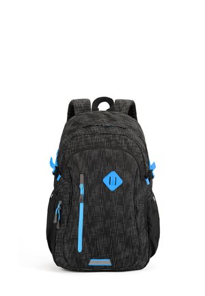Zaino nero e blu con un motivo geometrico, numerosi scomparti con cerniera, spallacci imbottiti e una maniglia robusta sulla parte superiore.