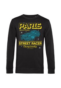 Felpa nera a maniche lunghe con grafica di auto blu, testo giallo "PARIS" e "STREET RACER Championship", su sfondo a rete.
