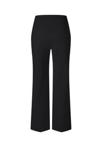 Pantalones negros de pierna ancha hechos de una tela suave y elástica. Presentan una cinturilla alta y un diseño simple y sin adornos, sin bolsillos.