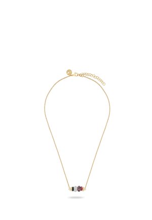 Guldkæde med en lille gruppe af fire runde perler i sort, grå, pink og guld i midten.