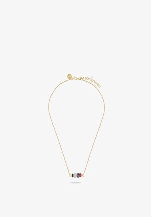 Guldkæde med en lille gruppe af fire runde perler i sort, grå, pink og guld i midten.