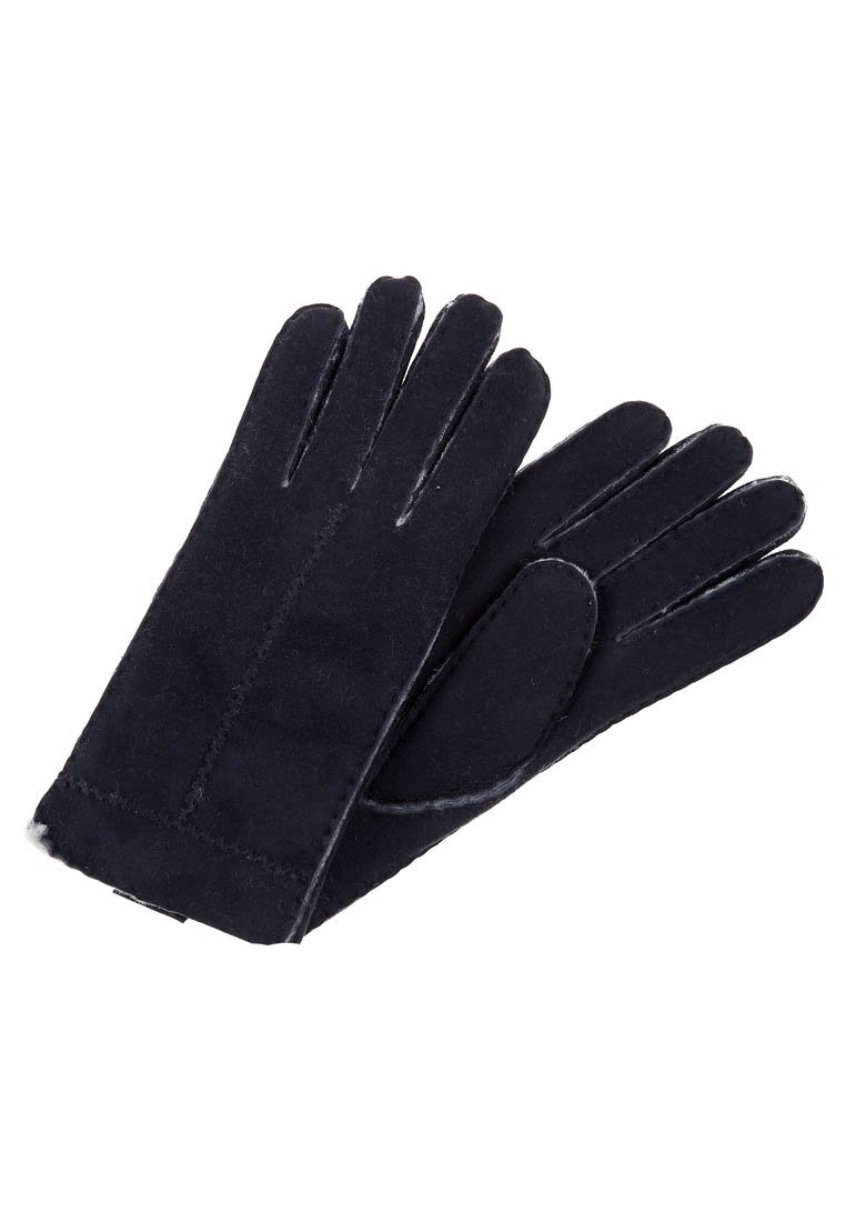 Black leather gloves with a smooth texture, featuring five fingers, detailed stitching, and a subtle sheen. No distinct patterns or accents.
