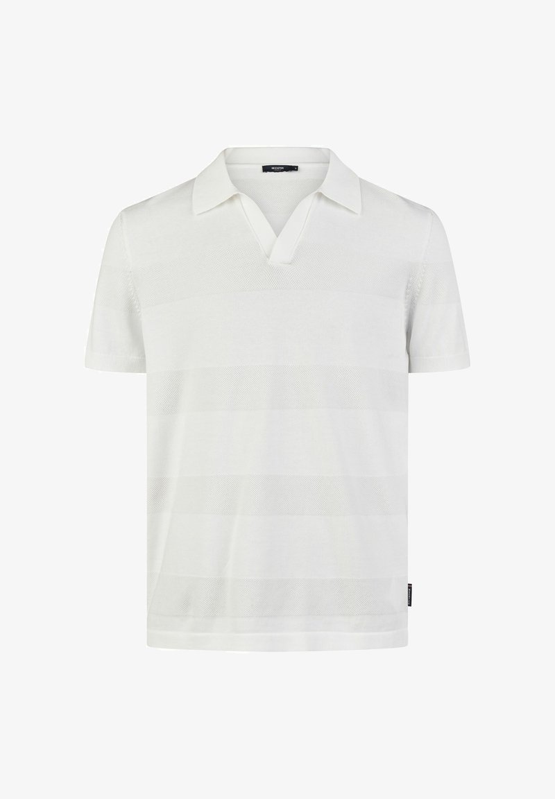 Witte polo met korte mouwen en een V-hals, voorzien van gestructureerde strepen en een platte kraag. Gemaakt van ademend materiaal en een lichtgewicht ontwerp.