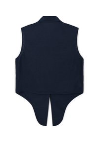 Gilet senza maniche di colore blu navy con un unico orlo a coda divisa, dotato di colletto e una superficie in tessuto liscia.