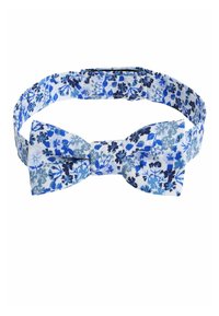 Pajarita floral de tela blanca con flores azules y grises. Presenta una forma clásica de moño y una correa ajustable para un ajuste seguro.