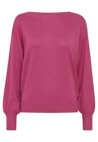 Rosa pullover-tröja med bred båtkrage, lösa ärmar, ribbade cuffs och en mjuk, svagt skimrande textur.