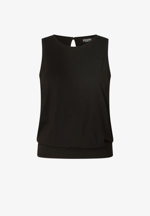 Zwarte mouwloze top van zachte stof, met een ronde halslijn en een klein keyhole-detail aan de achterkant. Soepele textuur en een ontspannen pasvorm.