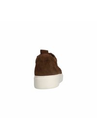 Brown suede high-top sneaker with a white rubber sole and a pull tab at the back for easy wear. Smooth texture, simple design, no visible patterns.