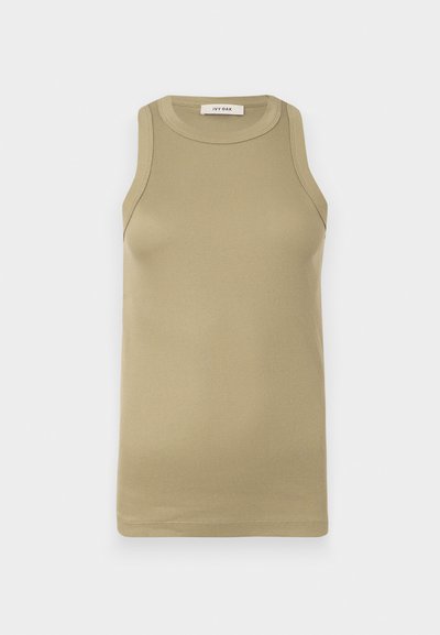 Olive green ribbed tank top with a round neckline and sleeveless design. Smooth texture with a fitted silhouette, branded tag at the neckline.