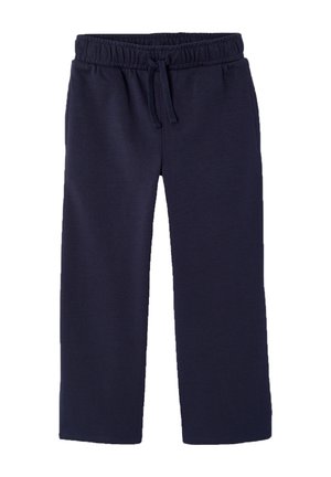 Navy blue elastic waist sweatpants with front pockets and adjustable drawstring, straight leg fit, casual style.