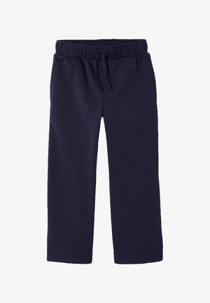 Navy blue elastic waist sweatpants with front pockets and adjustable drawstring, straight leg fit, casual style.