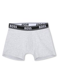 Γκρι βαμβακερά μποξέρ με μαύρη ελαστική μέση που φέρει λευκό κείμενο "BOSS". Σχεδιασμένα για άνεση με εφαρμογή που αγκαλιάζει και λεία υφή.