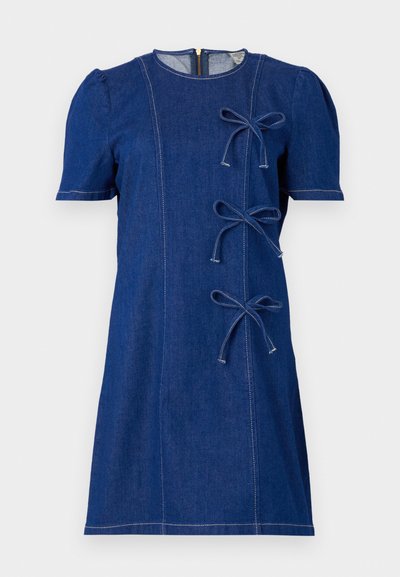 Denim dress in dark blue, short sleeves, round neckline, featuring three bows on the front, visible stitching, and a back zipper closure.