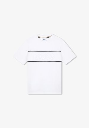 Weißes Kurzarm-T-Shirt aus Baumwolle mit einem erhabenen "BOSS"-Logo in der Mitte und einem navyblauen horizontalen Streifen über der Brust.
