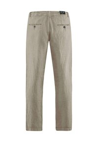 Pantaloni in lino beige chiaro con una vestibilità rilassata, dotati di un cintura elastica e due tasche posteriori con chiusura a bottone.