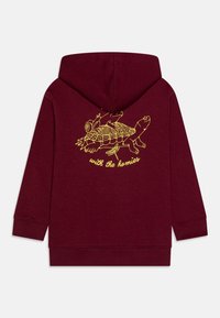 Μπορντό φούτερ με κουκούλα που διαθέτει μια κίτρινη γραφική εικόνα ενός σαλιγκαριού, μιας χελώνας και ενός βατράχου με την ένδειξη "με τους φίλους" από κάτω.