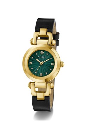Arany kerek óra zöld, texturált számlappal, kristály órajelzőkkel, fekete bőrszíjjal, a Guess logóval a 12 órás pozíciónál.
