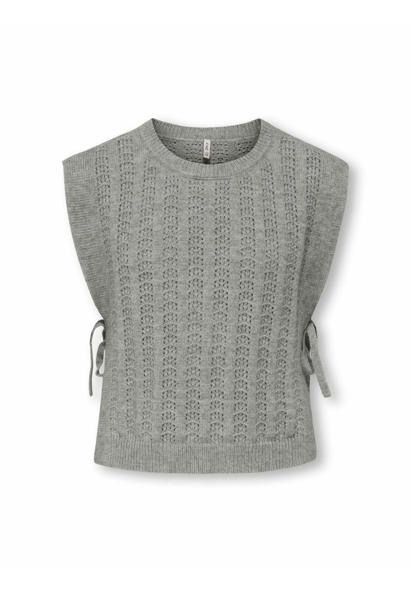 Maglione senza maniche grigio lavorato a maglia con motivo testurizzato, scollo rotondo e lacci regolabili ai lati per personalizzare la vestibilità.