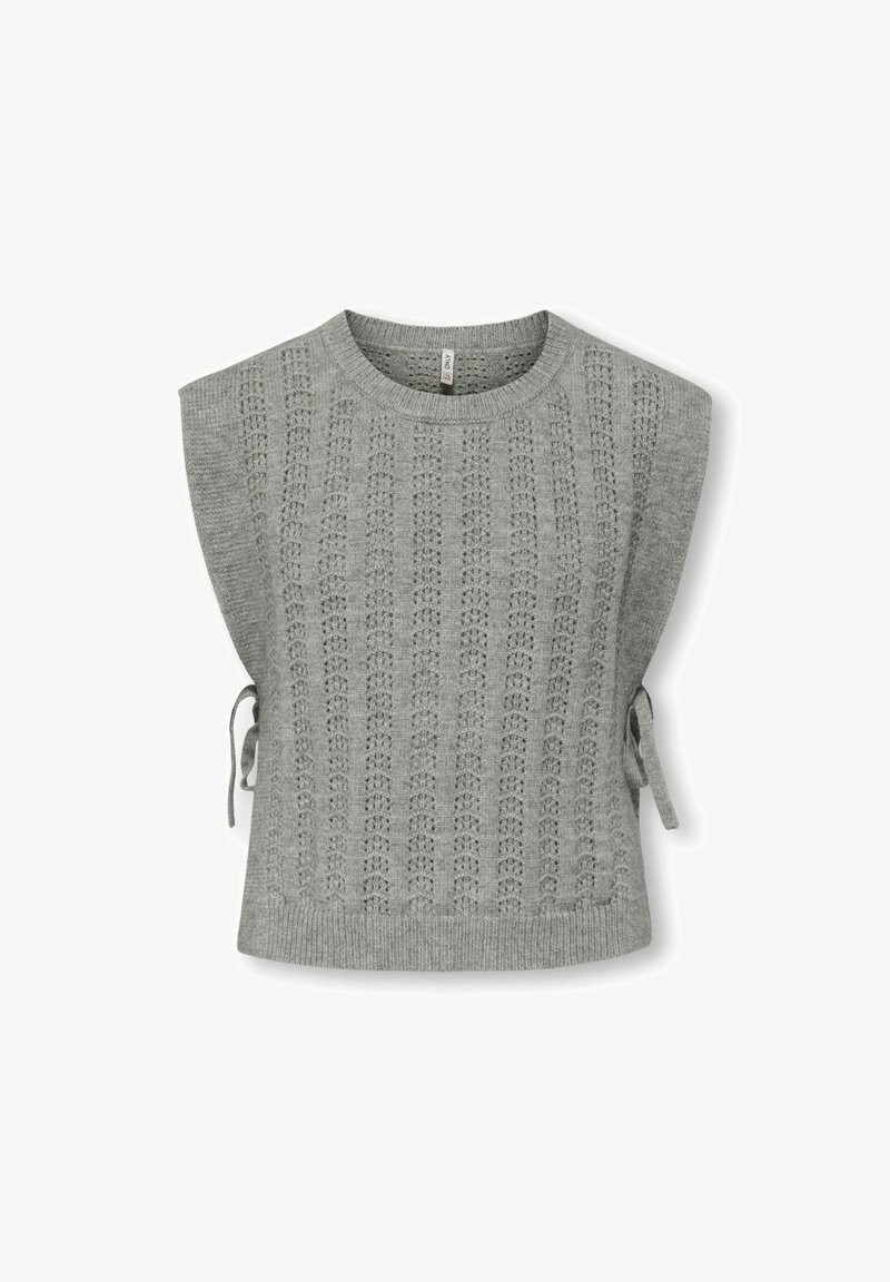 Maglione senza maniche grigio lavorato a maglia con motivo testurizzato, scollo rotondo e lacci regolabili ai lati per personalizzare la vestibilità.