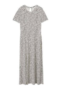 Robe à manches courtes en tissu léger, avec un fond blanc orné de taches noires dispersées, et un détail œillet dans le dos.