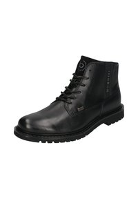 Schwarze Leder-Ankle-Boots mit glatter Oberfläche, Schnürdesign, rundem Zehenbereich und einer strukturierten Gummisohle für Griffigkeit. Verfügt über dezente Markenkennzeichnung an der Seite.