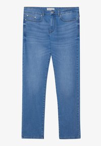 Light blue denim jeans with a straight leg cut, five-pocket design, subtle fading, and metal hardware accents at the waist and pockets.