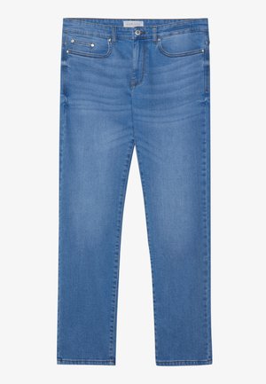 Light blue denim jeans with a straight leg cut, five-pocket design, subtle fading, and metal hardware accents at the waist and pockets.