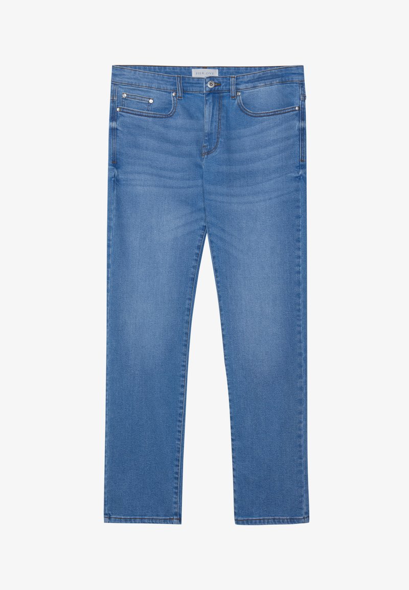 Jeans en denim bleu clair avec une coupe droite, design à cinq poches, décoloration subtile et accents en métal au niveau de la taille et des poches.