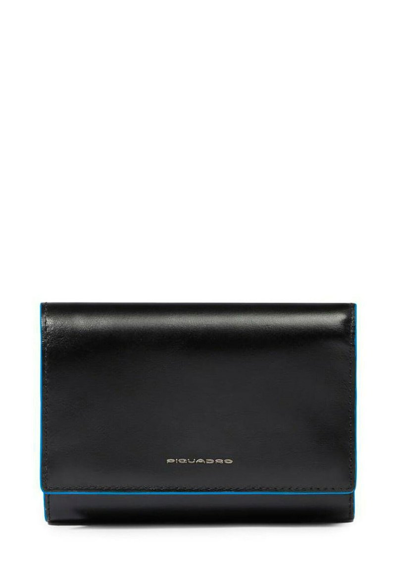 Cartera de cuero negro con textura suave, con un detalle azul a lo largo del borde y logotipo dorado. Diseño compacto y rectangular.