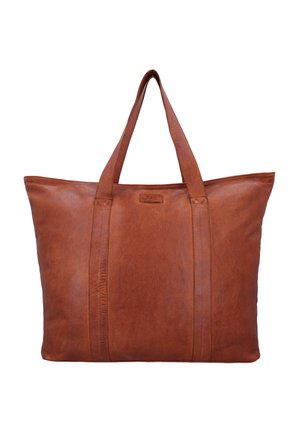 Bolso grande de cuero marrón con dos asas para el hombro y textura lisa sobre fondo blanco.