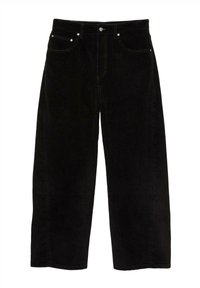 Pantaloni largi din catifea cord cu talie neagră, cu închidere prin buton și fermoar în față, bucle pentru curea și design cu cinci buzunare.