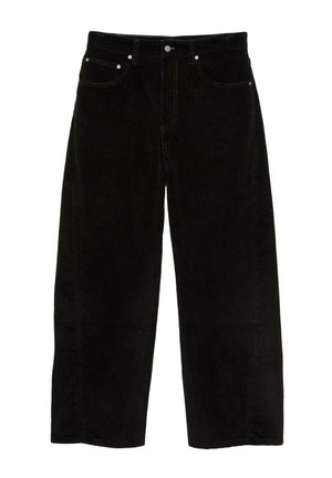 Pantalons en velours côtelé noirs à jambes larges avec fermeture à boutons et zip à l'avant, passants de ceinture et design à cinq poches.