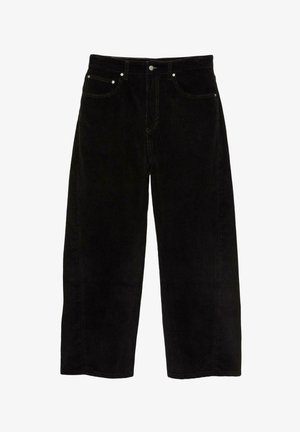 Pantalons en velours côtelé noirs à jambes larges avec fermeture à boutons et zip à l'avant, passants de ceinture et design à cinq poches.