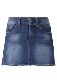 Jupe en denim mini bleue foncée avec une texture délavée, cinq poches et des coutures contrastées. Dotée d'une fermeture à bouton et à zip à l'avant.