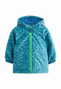 Giacca da pioggia blu per bambini con cappuccio, zip frontale in un vivace verde brillante e motivi di dinosauri in un sottile design a quadretti.