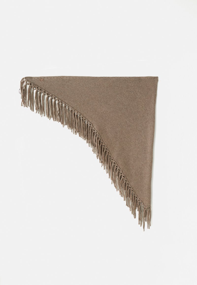 Brown triangular shawl with fringed edges, made of soft fabric. Simple design with no patterns, lightweight texture, suitable for layering.