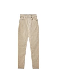 Pantalon beige en velours côtelé avec une coupe droite, deux poches avant et une fermeture par bouton à la taille. Tissu texturé avec nervures visibles.