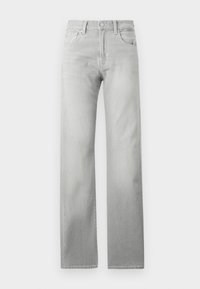 Jean droit gris clair en denim. Dispose de cinq poches, passants de ceinture et d'une fermeture éclair avec bouton. Design classique.